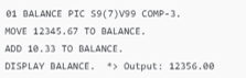 A code snippet illustrating how COBOL uses packed decimals