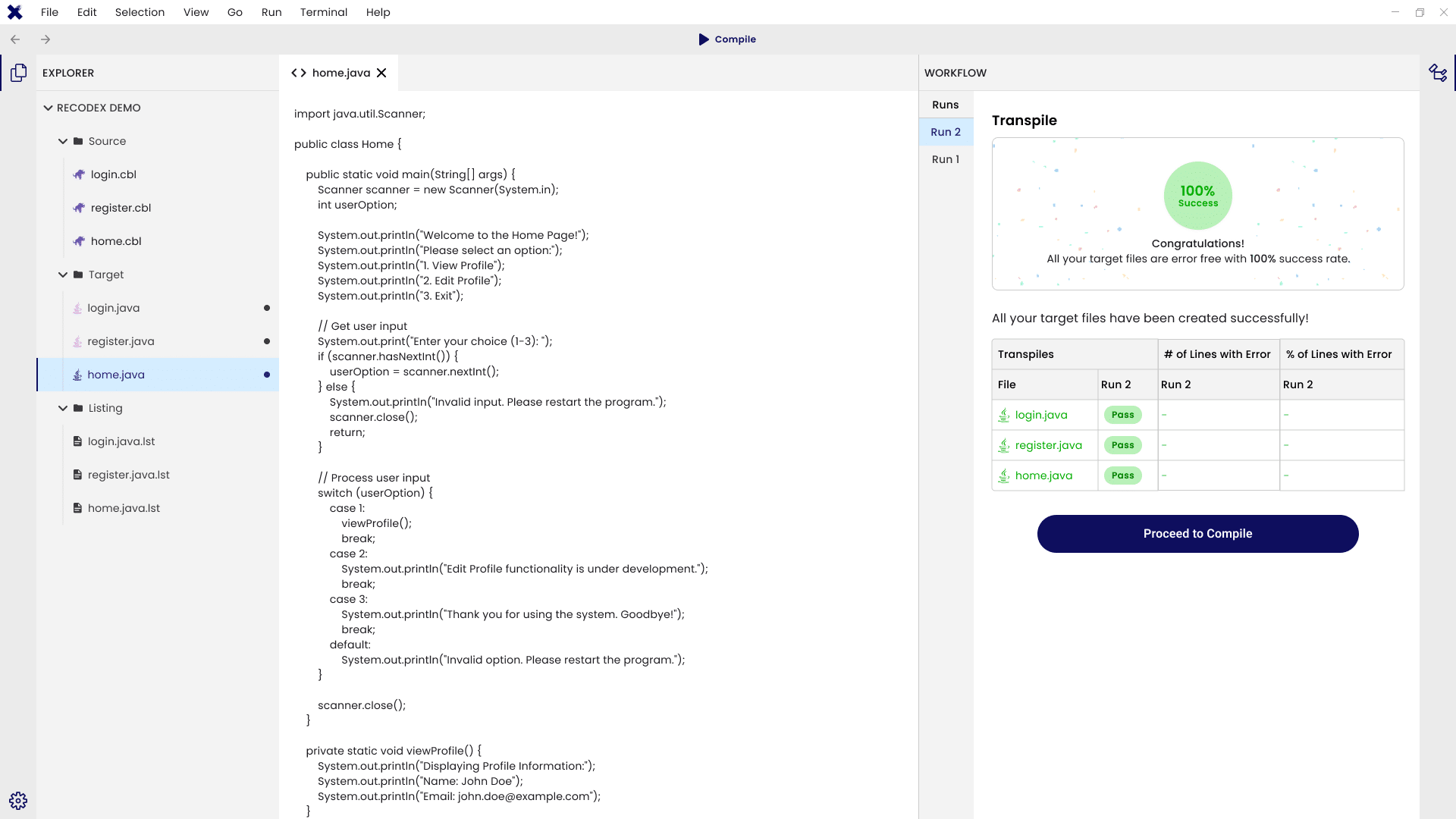 RecodeX IDE screen showing successful transpilation