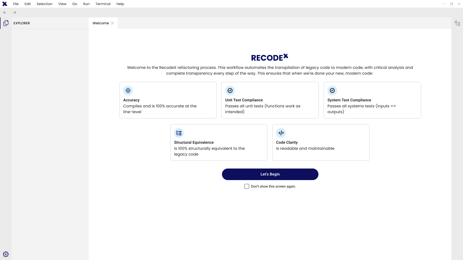 RecodeX IDE welcome screen