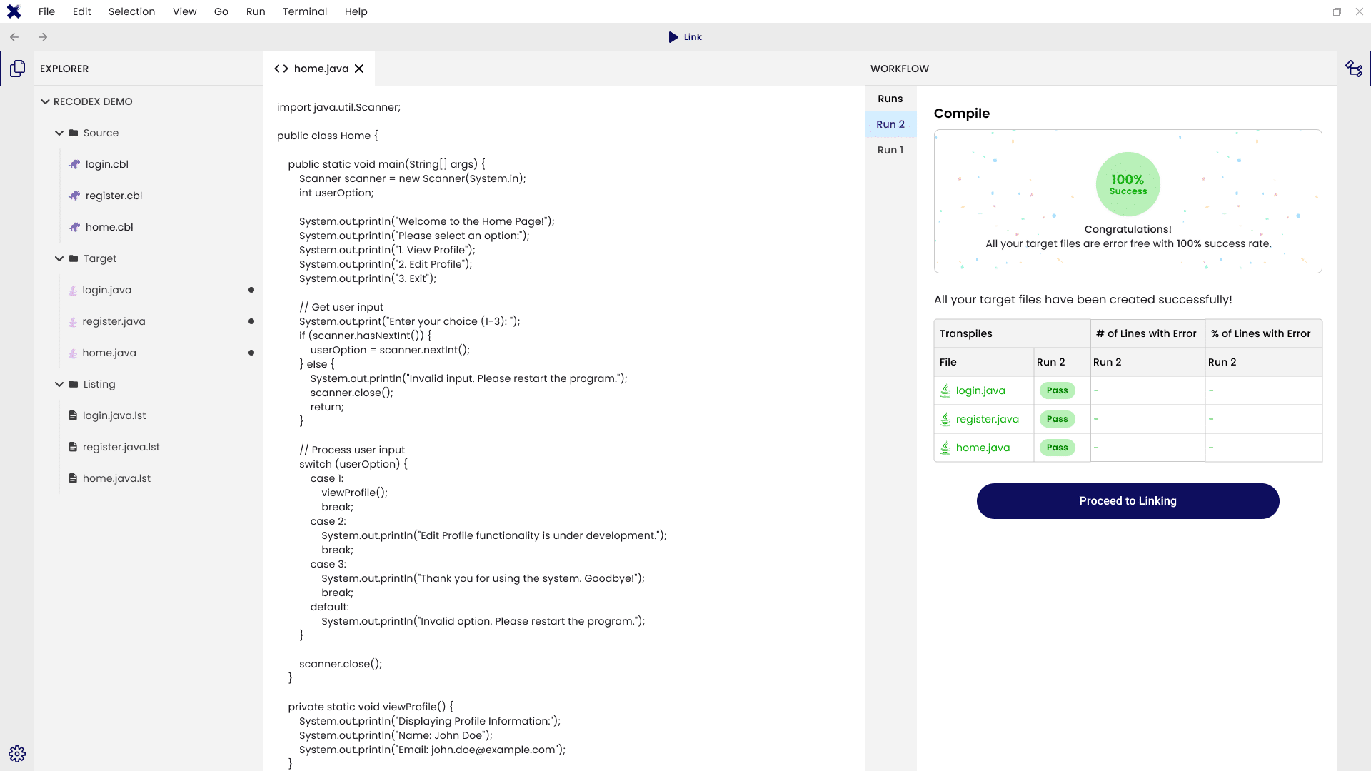 RecodeX IDE screen showing successful compile